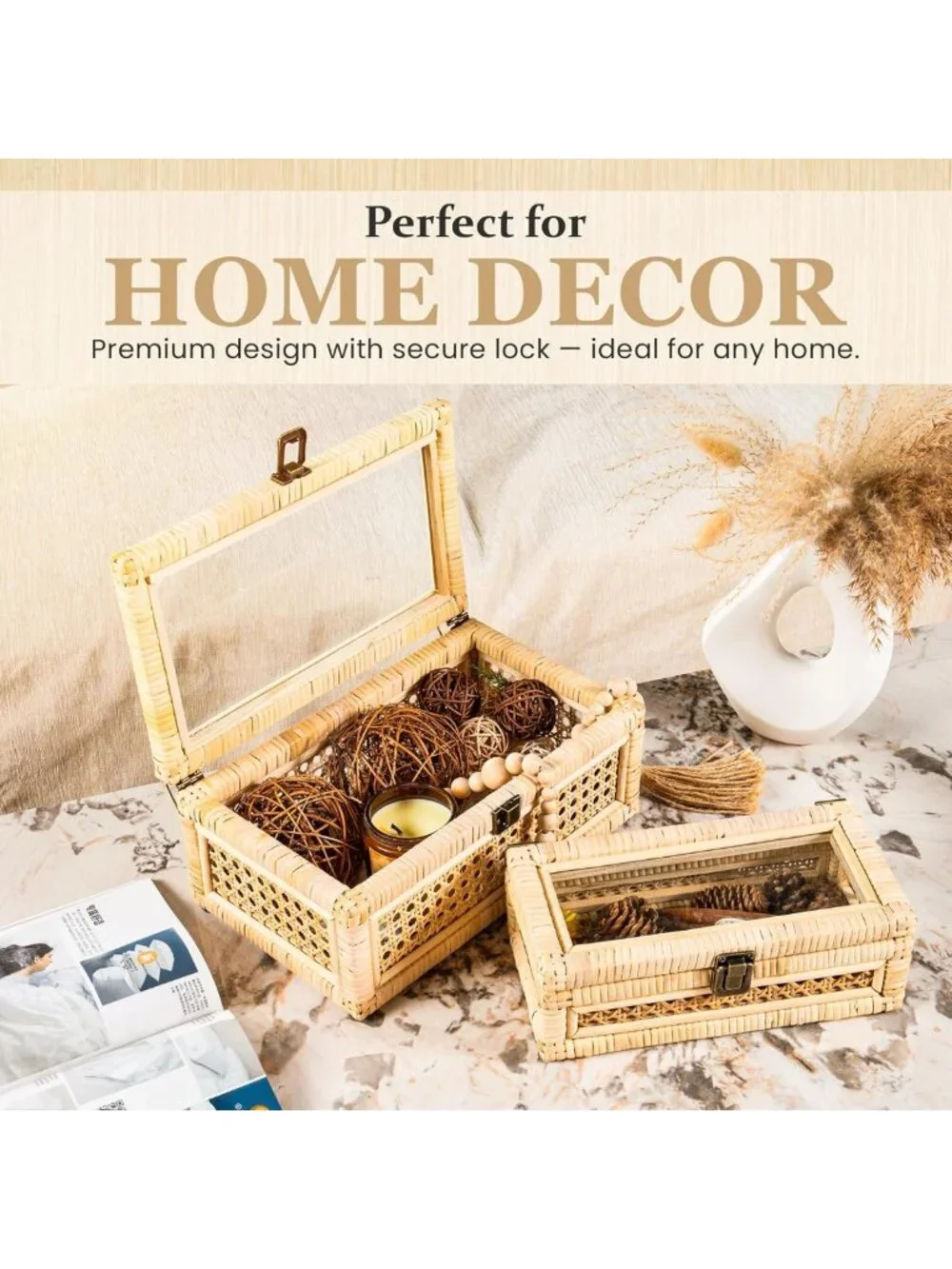 Boho Rattan Decorative Box with Lid & Lock | Wicker Storage Organizer with Felt